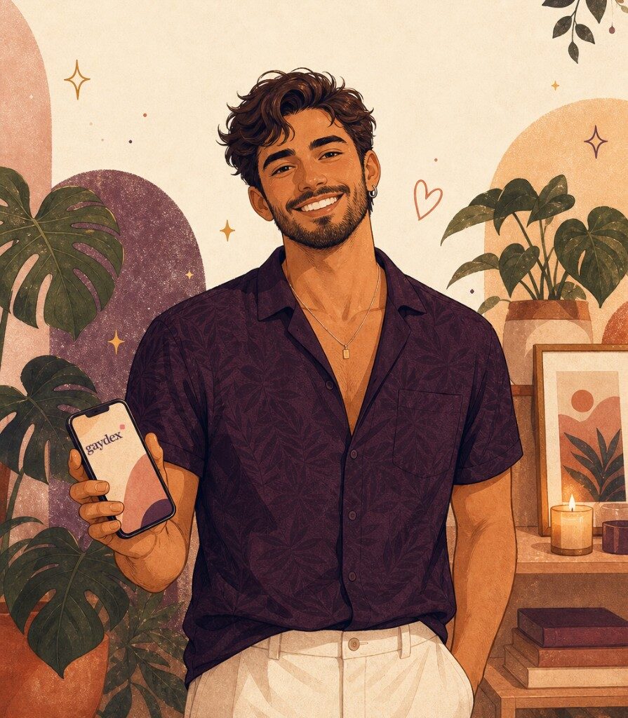 Hombre sonriente sosteniendo un teléfono con la app gaydex — una app deliciosa que eleva la vida gay