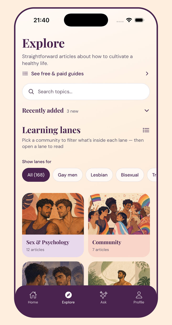 Educación que de verdad ayuda — Guías sobre identidad, cultura, salud e intimidad — como un amigo que lo entiende.