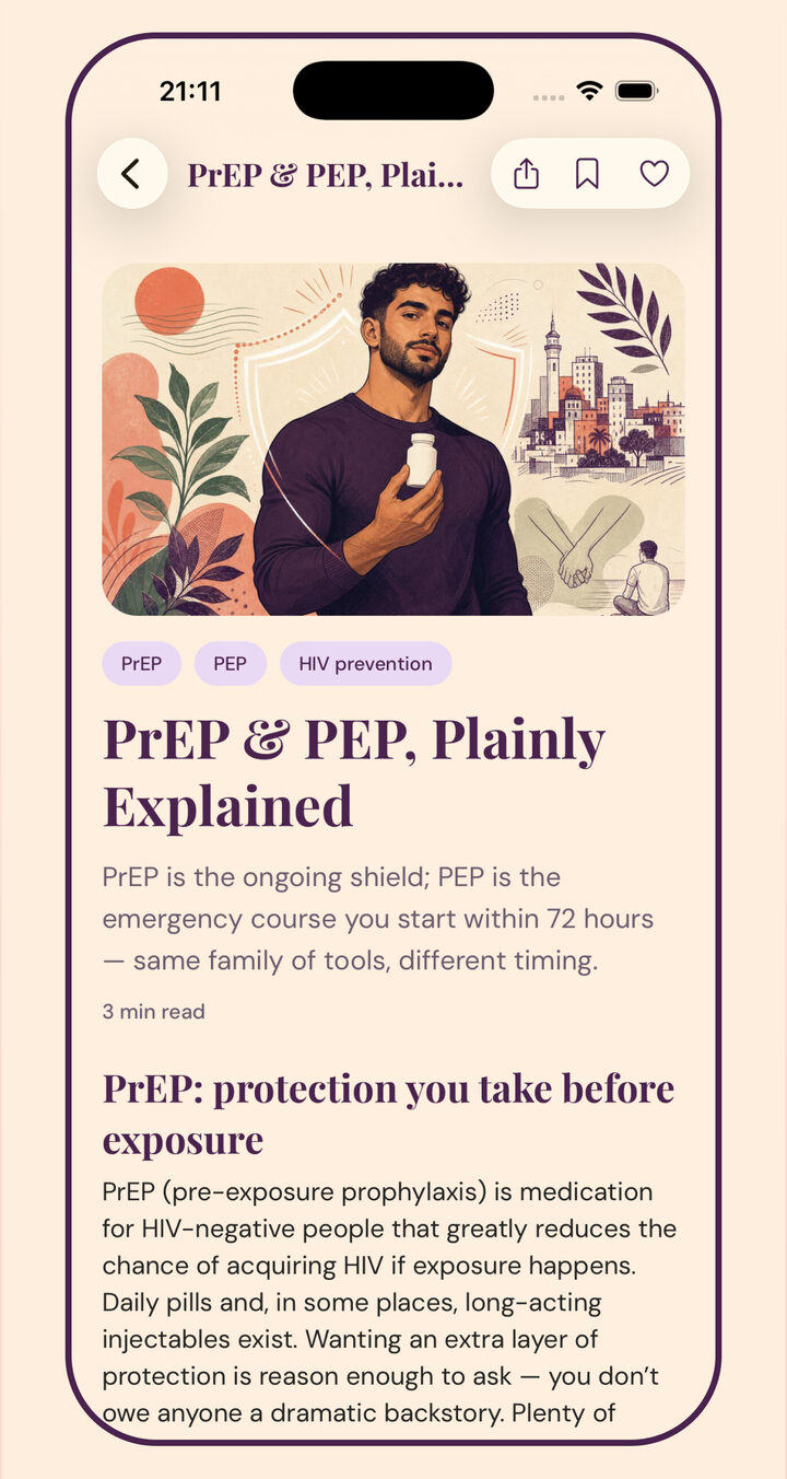 Salud con claridad — PrEP, PEP y más — explicados con claridad, sin sermón.