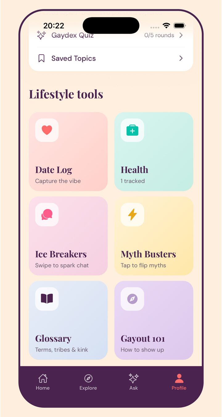 Herramientas de estilo de vida — Registro de Citas, Cazamitos, Glosario, Salir del clóset 101 y más.