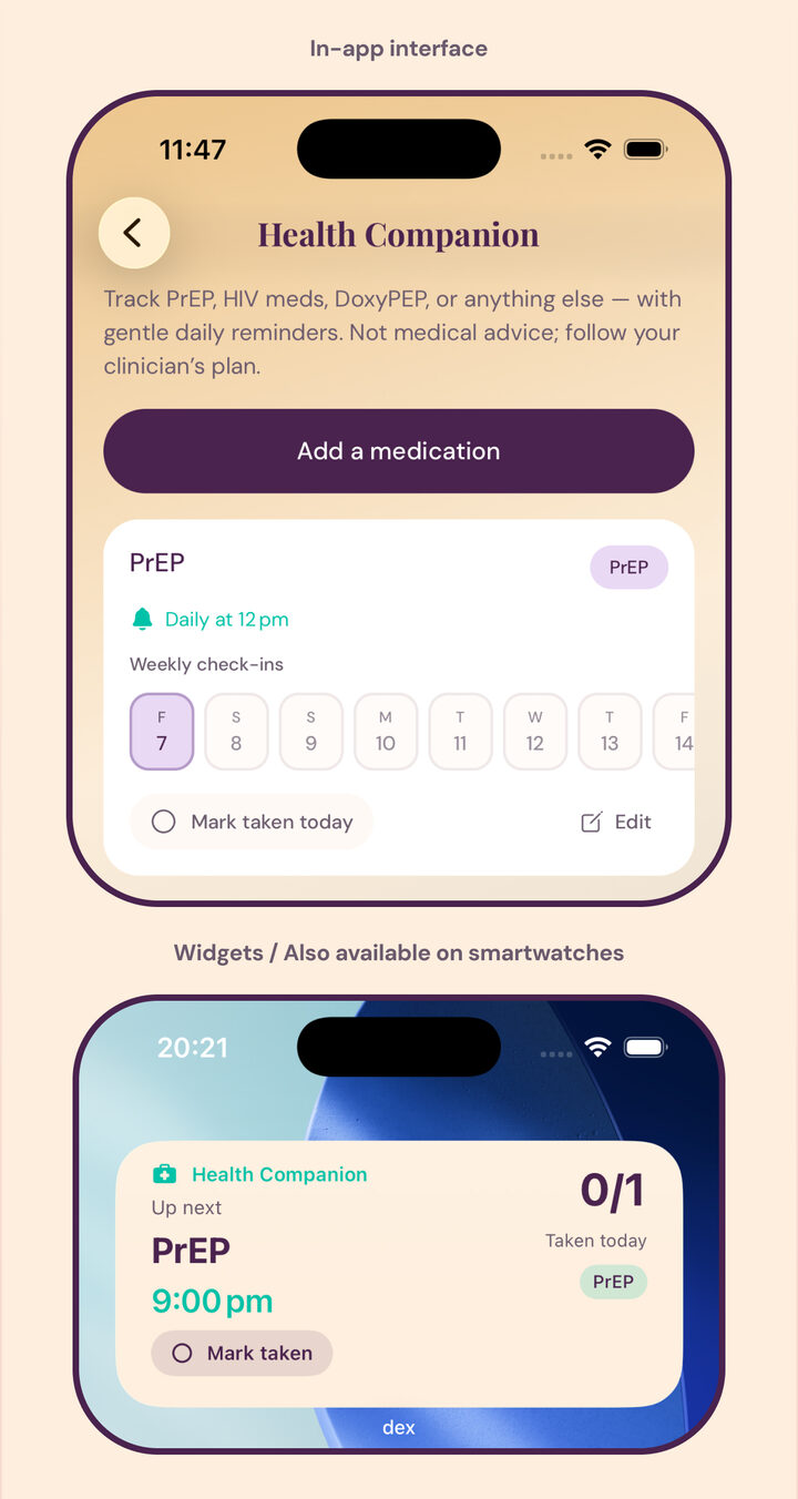 Tu Compañero de Salud — Sigue PrEP, medicamentos de VIH, DoxyPEP — con recordatorios diarios privados en tu dispositivo.