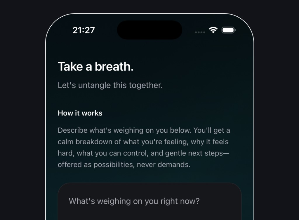 Switchroo Reset screen — Take a breath and untangle what's weighing on you